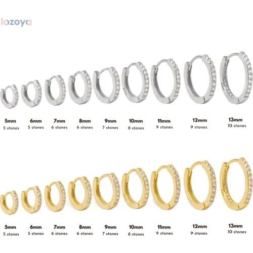 Lozoya 925 Sterling Silver Pendiente Clips Luxury Gold Zircon CZ 5mm 6mm 7mm 8mm To 13mm Huggies Hoops Piercing Fine Jewelry