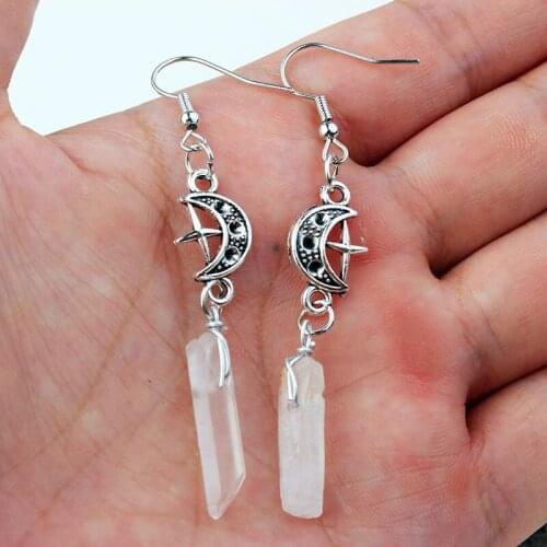 Gothic Natural Crystal Stone Earrings Star and Moon Winding Clear Quartz Stone Pendant Moon Earrings for Women