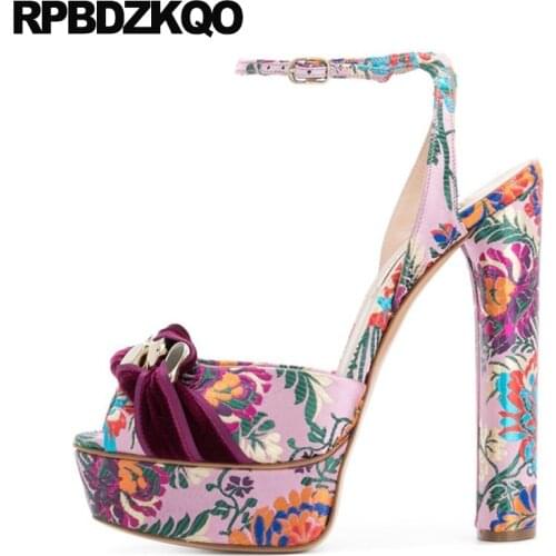 Chunky embroidered flower platform high heels peep toe women slingback ankle strap purple wedding shoes big size 16cm pumps