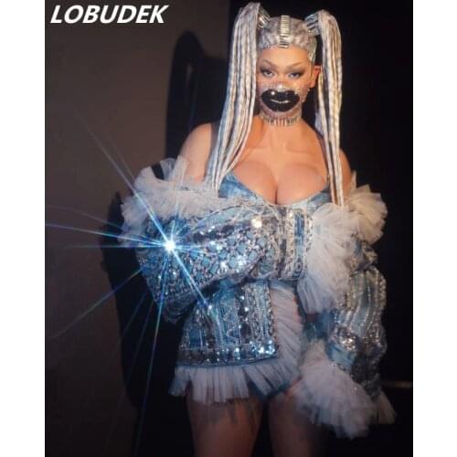 Hip Hop Punk Style Loose Spandex Faux Denim Jacket Women Rap Singer Jazz Dancer Stage Blue Cowboy Coat Performance Costume