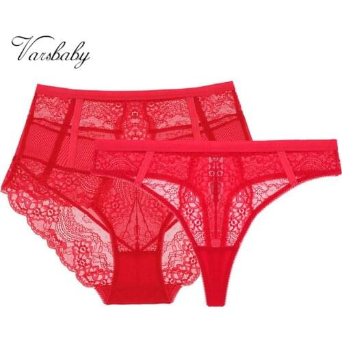 Varsbaby 2Pcs/Lots Ultra-Thin Comfortable Smooth Sexy High-Rise Floral Brief Hollow Underwear S-2XL Panty+Thong