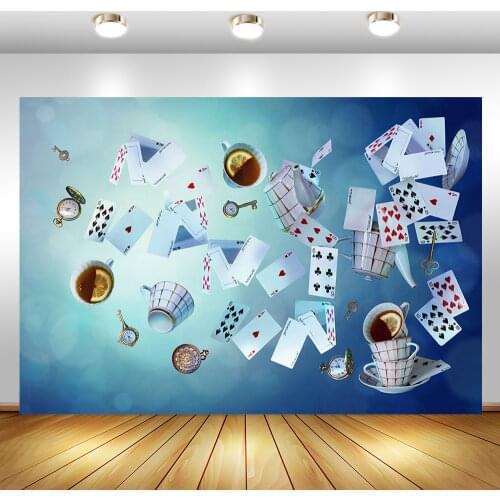 Mad Tea Party Backdrop Dream Fantasy Birthday Background for Photography Poker Pocket Watch Blue Backgrounds for Photo Studio