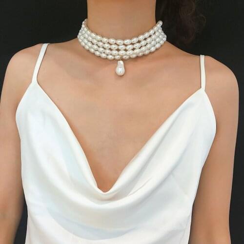 Gorgeous Multilayers Imitation Pearl Choker Necklaces for Women Jewelry Irregular Pearls Pendant Wedding Party Wide Bib Necklace