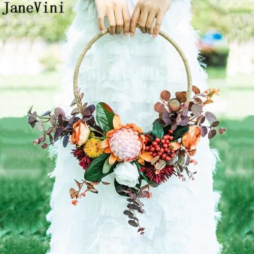 JaneVini Fleur Vintage Autumn Winter Bridal Bouquets Round Hand Garland Wreath Artificial Wedding Bouquet Roses Silk Flowers