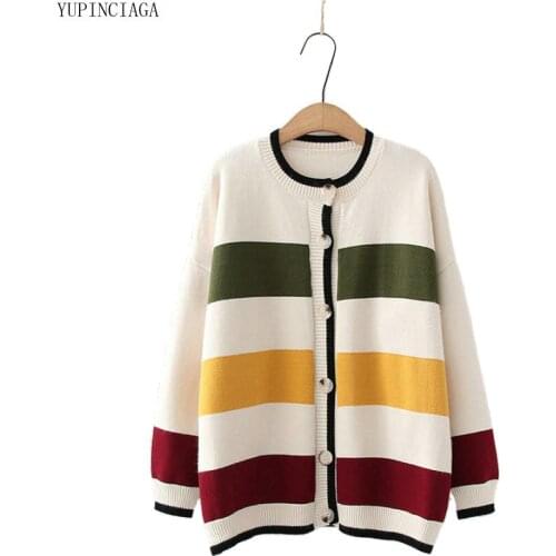 YUPINCIAGA Women Cardigans Japan Style Rainbow Striped Knitted Cardigan Single-breasted O-neck Sweaters Female Sweet Warm Coat