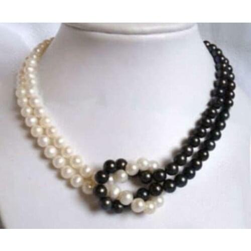 2 Rows 7-8mm white black Akoya Pearl Necklace 18"