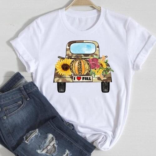 Female Print T-Shirt Tee Top Women Flower Truck New Lovely New 2021 Thanksgiving Halloween Autumn Fall Graphic Clothing Tshirt T