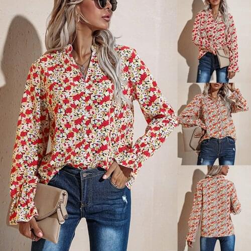 Women Casual Shirt, Adults Flower Print V-neck Long Sleeve Button Shirt