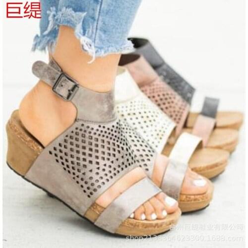 Women sandals PU Buckle Strap 3-5CM Wedges High Heels Round Toe waterproof Shallow women shoes sandalias mujer 2020 size 35-42