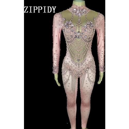 Sexy Pink Pearls Crystals Jumpsuit Womens sexy Stretch Leggings Bodysuit Costume Dance Stage Wear Female Singer Stretch Outfit