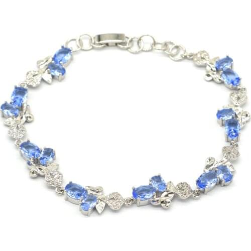 8x6mm Stunning Created 10.7g Real Blue Sapphire Green Amethyst White CZ Womans Party Silver Bracelet 8.0-9.0inch