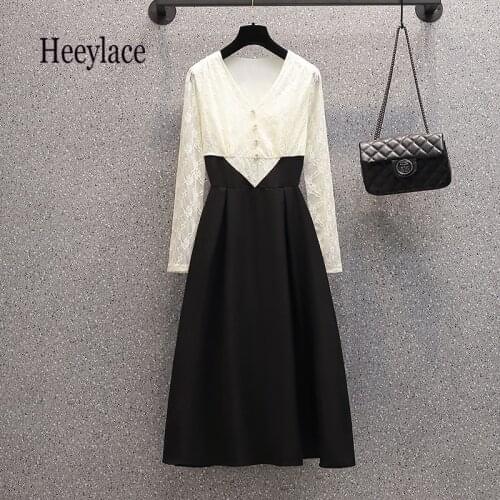 Plus Size Vintage Lace Patchwork Long Sleeve A-line Dress Office Ladies Elegant High Waist Female Dress Autumn Vestidos femme