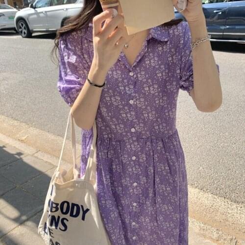 2021 New Women Summer Vintage Pleated Long Floral Shirt Dress Single Breasted Lapel Collar High Waist Midi Sundress