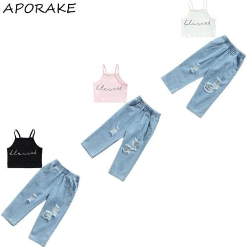 2021 2-7Y Summer Kids Baby Girl Clothes Set Fashon Letter Print Sleeveless Crop Top+Holes Denim Pants Outfits 2pcs