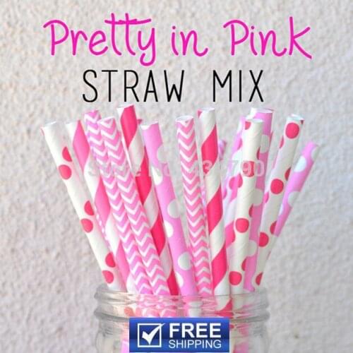 200pcs Mixed 4 Designs Pretty in Pink Paper Drinking Straws, Deep and Hot Pink Chevron, Striped, Polka Dot, Party Supplies