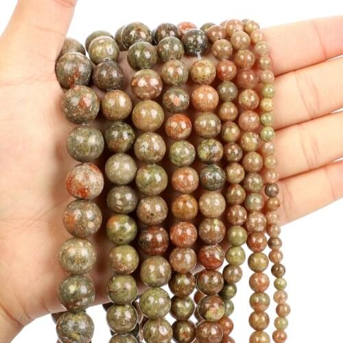 Natural Stone Flower Green Stone Charm Round Loose Beads For Jewelry Making Needlework Bracelet Diy Strand 4-12MM