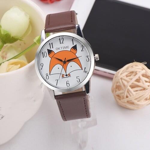 Fashion Brand Leather Women Watches Round Quartz Wrist Watch Cute fox pattern Arabic numerals Dial relogio feminino Ladies Gift