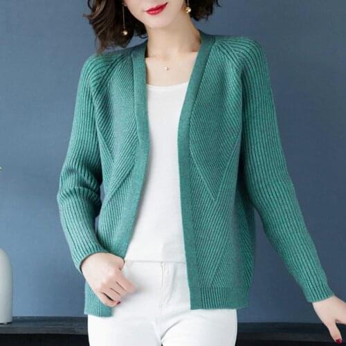 PEONFLY Casual Solid Color Cardigan Women New 2020 Spring V Neck Sweater Elegant Comfort Long Sleeve Coat Pull Femme Green