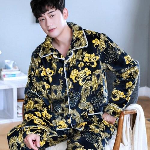 H5905 Men Fashion Pajamas Chinese Dragon Printed Thickened Coral Fleece Home Clothing Suit Flannel Autumn Winter Nightwear Set