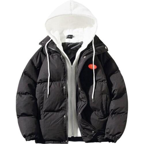Mens Cotton-Padded Jacket Fake Two-Piece Cotton-Padded Parka, Double Zipper With Hood And Pockets
