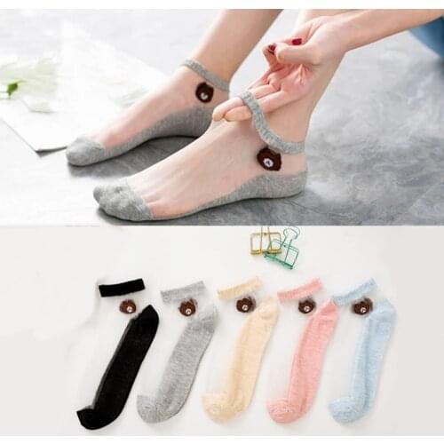 Animal Bear Embroidery Lace Transparent Socks Summer Women Glass Silk Ultra-Thin Ankle Socks Female Breathable Casual Short Soxs