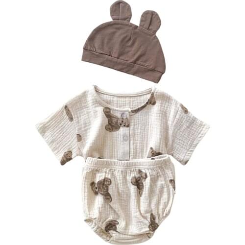 Newborn Baby’s Clothes Cardigan and Shorts Hat Cute Little Bear Short Sleeve Tops and Triangle Short Pants Childrens Clothing