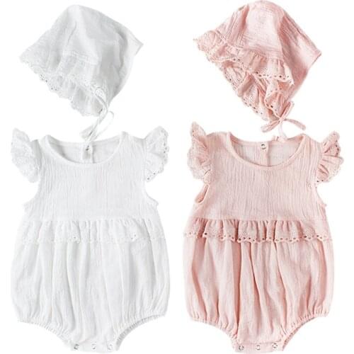 Princess Baby Girl Clothes Romper with Hat Cotton Ruffles Lace Summer Newborn Rompers Toddler Pink White