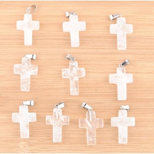 Wholesale 10Pcs/Lot White Crystal Natural Stone Charms Pendants Cross Shaped Dangle Beads QV0066