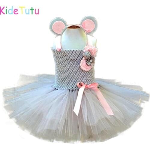 Gray Pink Mouse Tutu Dress Outfits Girls Baby Girls First Birthday Party Dresses Child School Perform Pageant Halloween Costume