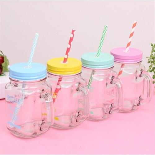 15oz Transparent Fruit Juice Cool Drink Glass Cup Mug Mason Jar Lemon Bottle With Cover Straw Sport Water Bottle