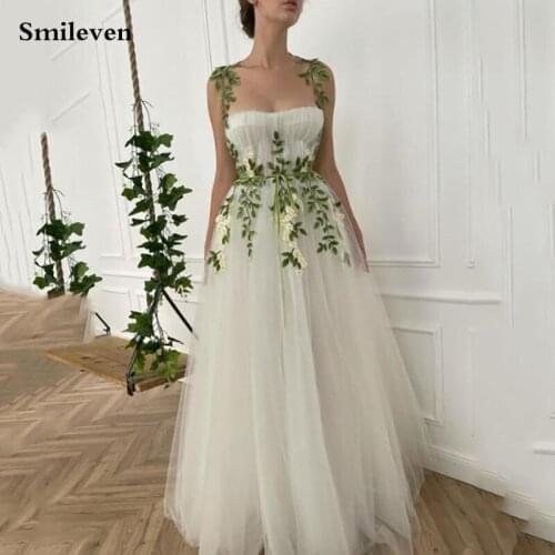 Smileven A-Line Short Prom Dresses 3D Leaves Embroidery Spaghetti Straps Party Dresses Tea-Length Corset Short Formal Gowns