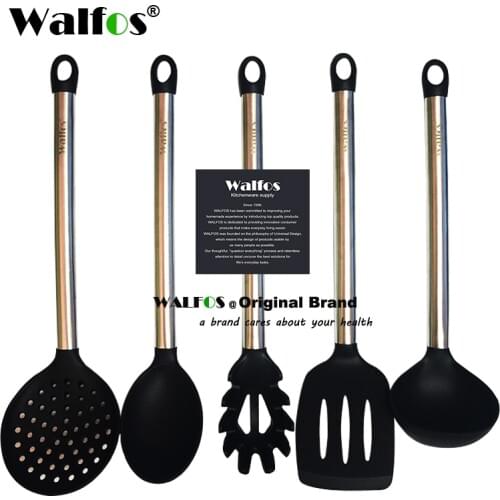 WALFOS 100% FOOD GRADE silicone cooking spoon soup ladle-egg spatula turner kitchen tools Stainless Steel Cooking Utensil Set