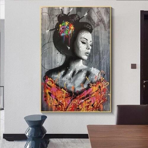 Japanese Woman Graffiti Art Paintings on the Wall Art Posters and Prints Sexy Woman Street Art Pictures Home Wall Decoration