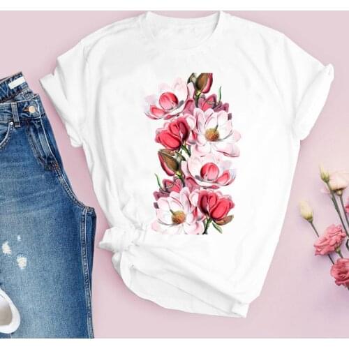 Flower Floral Top Elegant Beach Cute 90s print ladies T-shirt casual basis O-collar white shirt short sleeve T-shirt,Drop Ship