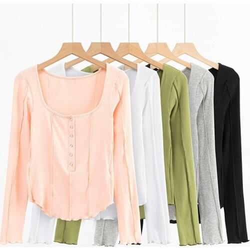 Spring Autumn Womens Fashion Square Collar Stitching Wooden Ears Single-breasted Slim T-shirt Top Multi-color