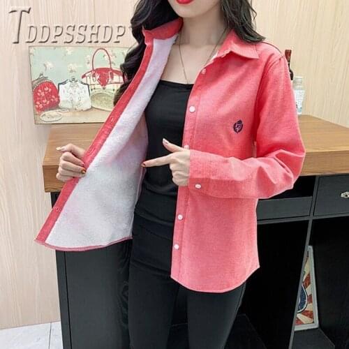 2019 Autumn Winter Thick Women Blouse Korean Warm Lining With Fluff Lapel Female Blouses