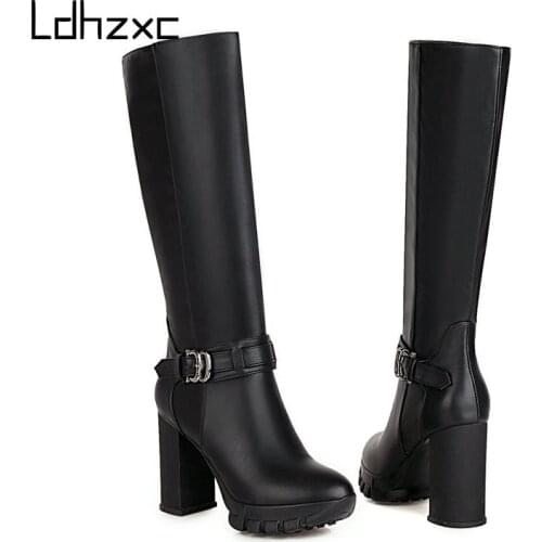 LDHZXC Big Size 33-43 Fashion Knee High Boots Genuine Leather Boots High Heels Round Toe Zip Women Boots Ladies Shoes