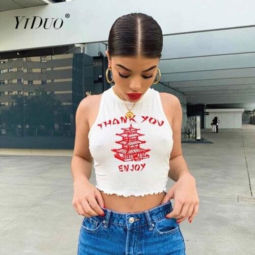 YiDuo Knitting Chinese Style Print O Neck Tank Tops 2020 Summer Women Casual Slim Streetwear Sexy Crop Top Female Black White