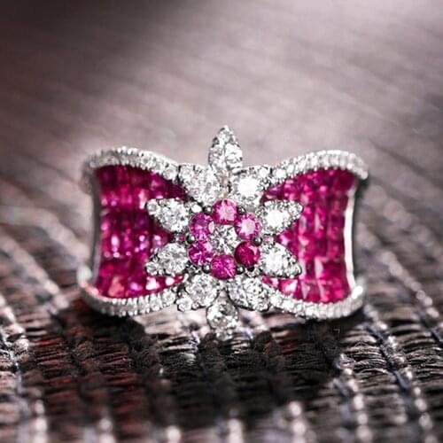 Queen Red Blue Crystal Ruby Gemstones Diamonds Crown Rings for Women White Gold Color Fashion Jewelry Celebrity Party Accessory