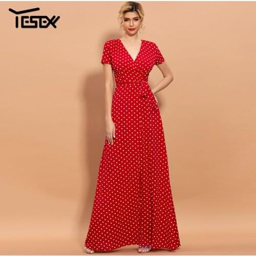 Yesexy Summer Deep V Neck Holiday Dot Dress Short Sleeve Women Boho Beach Dress Lace up High Split Long Maxi Dresses VR20221-2