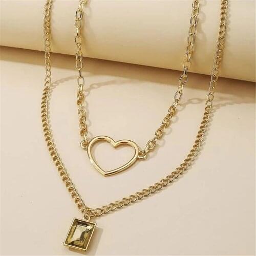 Fashion Vintage Gold Big Heart-shaped Border Square Color Crystal Pendant Necklace For Women Female Multilevel Collar Jewelry