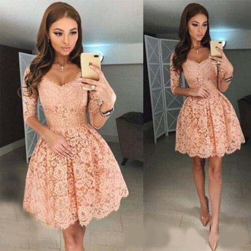2020 Elegant Coral Lace Short Cocktail Prom Dresses Half Sleeves Illusion Scoop Neck A line Pleated Homecoming Party