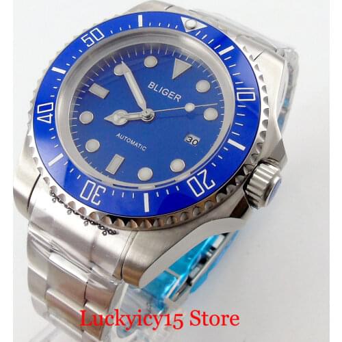 Blue BLIGER 44mm Automatic Men Watch Ceramic Bezel Mental Strap Date Window MINGZHU / MIYOTA Movement