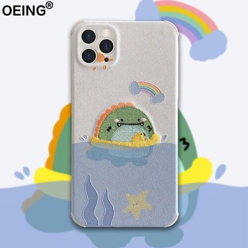 Embroidery Cute Phone Case For Iphone 12 Pro Max Mini 11 7 8 Plus X XS Max XR SE Dinosaur Cartoon Case Cover Lens Protection