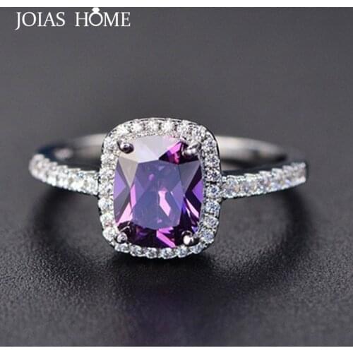JoiasHome 925 Sterling Silver Ring Classic With Square Purple Gem Charm Women Silver Jewelry Engagement Lady Gift Size 6-10