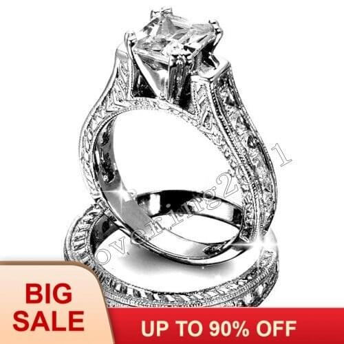 Fashion Jewelry Antique 2ct princess cut 5A Zircon stone 14KT White Gold Filled 2-in-1 Engagement Wedding Ring Set Size 5-11