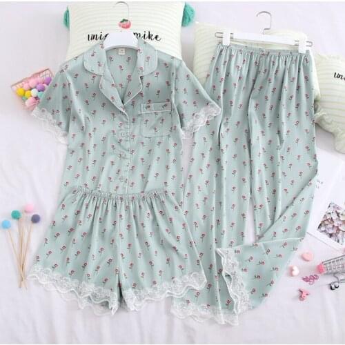 Women Pajamas Sets 3 Pieces Fashion Spaghetti Strap Satin Sleepwear Female Flower Print Long Sleeve Pyjama Home Clothing Pijam