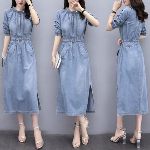 Summer 2019 New Female Women Short Sleeve Bleached Long Denim Dress , Womens Casual Xxl Pockets Long Jeans Dresses