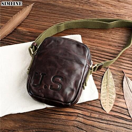 SIMLINE 100% Genuine Leather Messenger Bag Men Cowhide Luxury Vintage Casual Mens Small Shoulder Crossbody Bags Handbag For Male