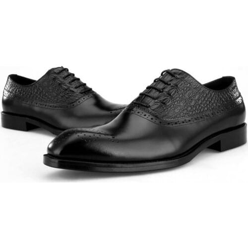 Italy Business Man Office Cow Real Leather Formal Shoes Brogue Lace Up Square Toe Oxfords Male Groom Weddding Dress Shoes Brown